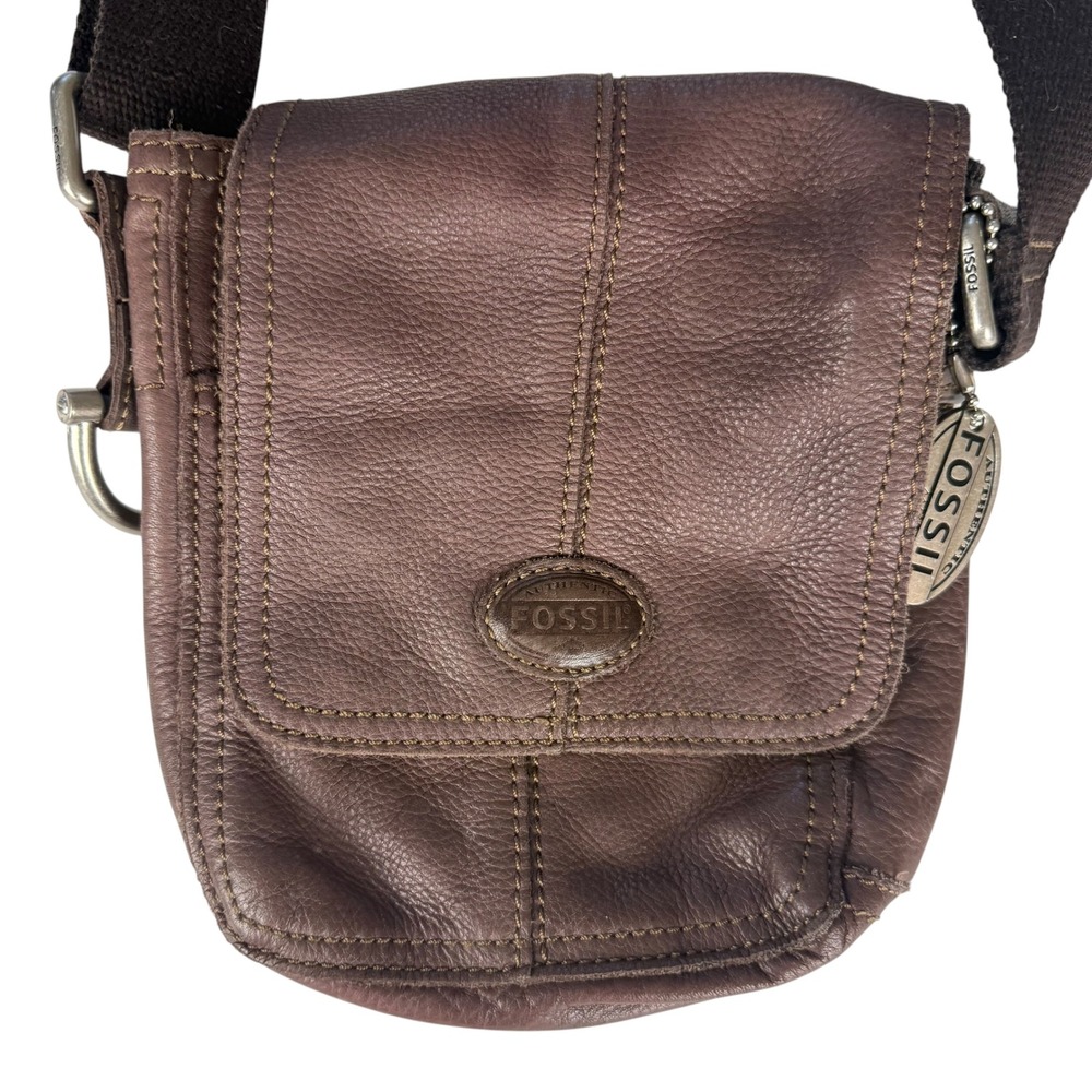 Fossil Brown Pebbled Leather Small Crossbody Messenger Bag Adjustable Strap